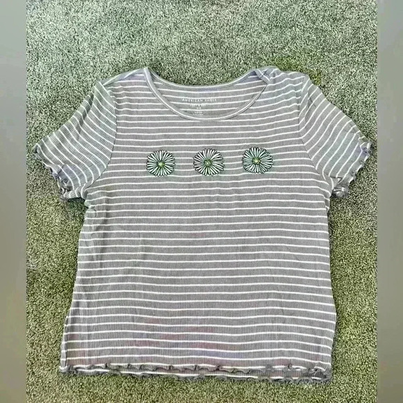 American Eagle Striped Crop T Shirt - Picture 1 of 3